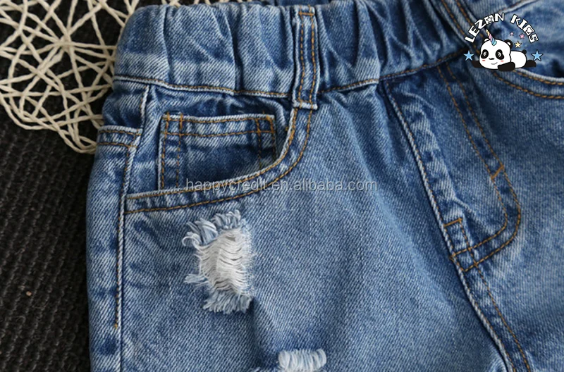 LEZONKIDS - Custom Kids Denim Shorts Mid Waist Casual Western Style Ripped Raw Edge Elastic Waist Cotton Fabric Hot Shorts Pattern Washed